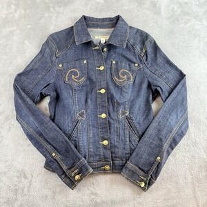 Clash‎ Jeans Jacket Womens Large Denim Dark Wash Gold Button  Western Cowgirl